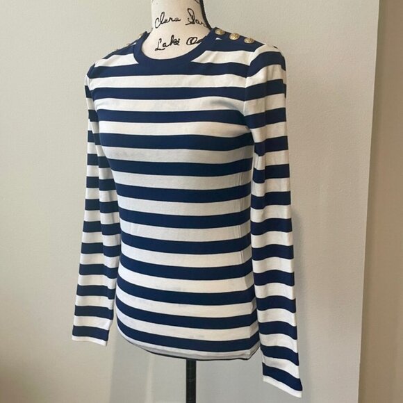 J.CREW TOP CREW NECK TAILORED GOLDEN BUTTONS BLUE LINES SZ S COASTAL SAILOR CORE - Picture 2 of 16